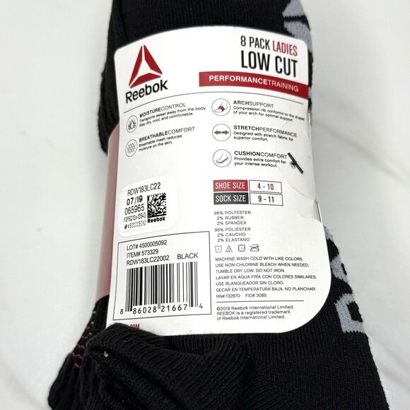 Reebok Ladies 8 Pk Low Cut Black Performance Training Socks Shoe Size 4 -10 New! - Picture 4 of 5